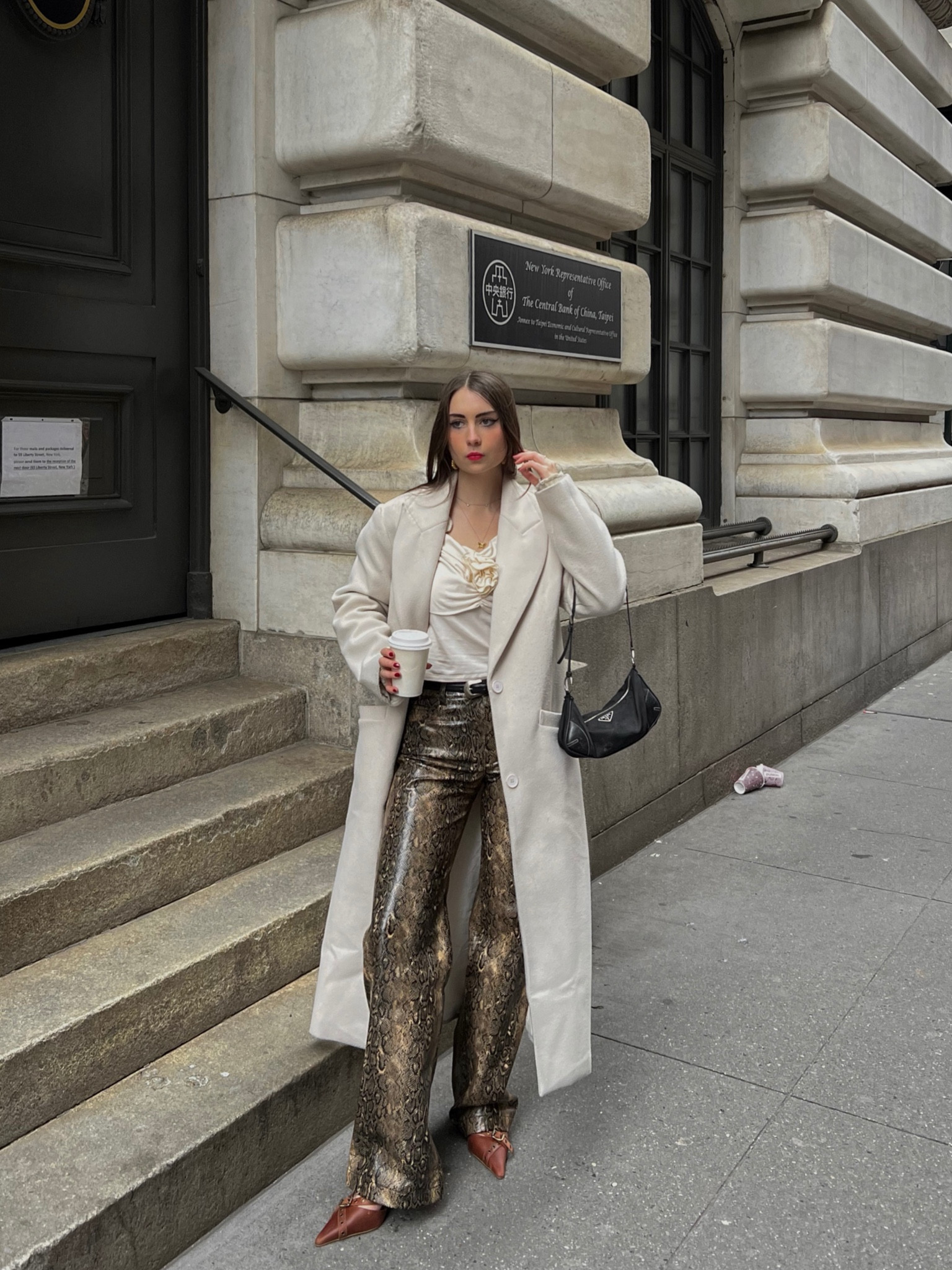 Animal print outfit inspo 
2024 fashion trend, snake print, snake print pants, leather pants, winter coat, flower top, street style inspo, nyc street style, minimal outfit, winter outfit, winter ootd 

#LTKMostLoved #LTKworkwear #LTKstyletip