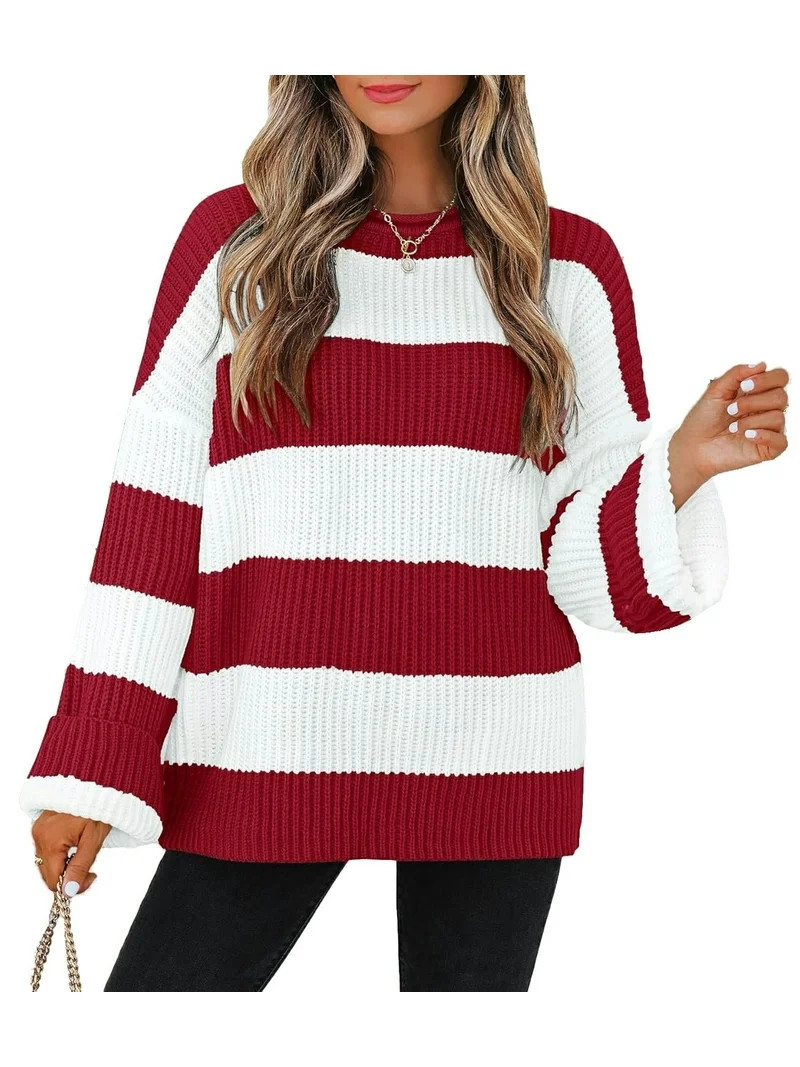 YOGAFOX Women Oversized Color Block Long Sleeve Pullover Sweater Red L | Walmart (US)