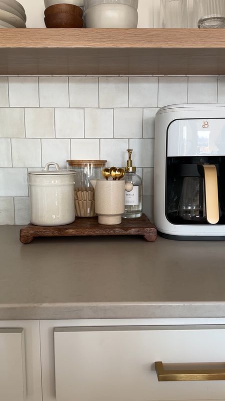 Coffee bar, coffee bar ideas, wood riser, coffee syrup dispenser, ceramic canister, stone modern creamer cup, espresso spoons, McGee and Co, drew barrymore beautiful Walmart coffee maker, white coffee makerr

#LTKhome