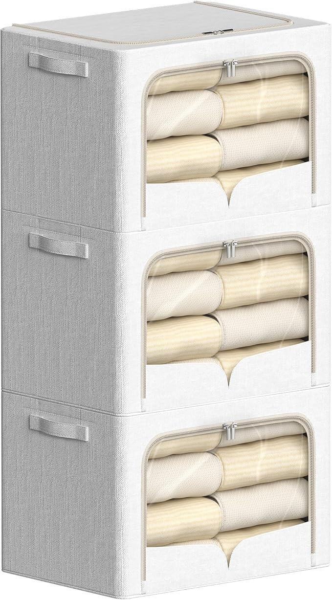 3 Pack Clothes Storage Bins - Foldable Metal Frame Storage Box - Stackable Linen Fabric Container... | Amazon (US)