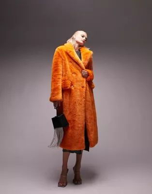 Topshop oversized long-line faux fur coat in bright orange | ASOS (Global)
