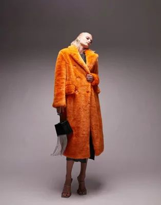 Topshop oversized long-line faux fur coat in bright orange | ASOS (Global)