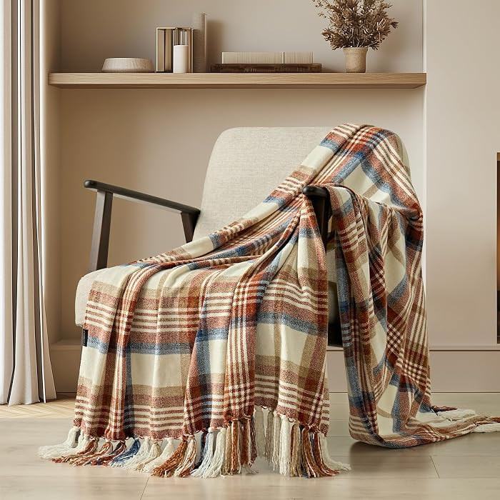 Plaid Chenille Throw Blanket for Couch, Super Soft Cozy Decorative Fall Throw with Tassels for Be... | Amazon (US)