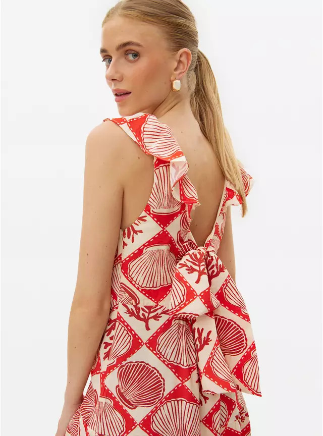 Red Shell Printed Ruffle Midi Dress 16 | Tu Clothing
