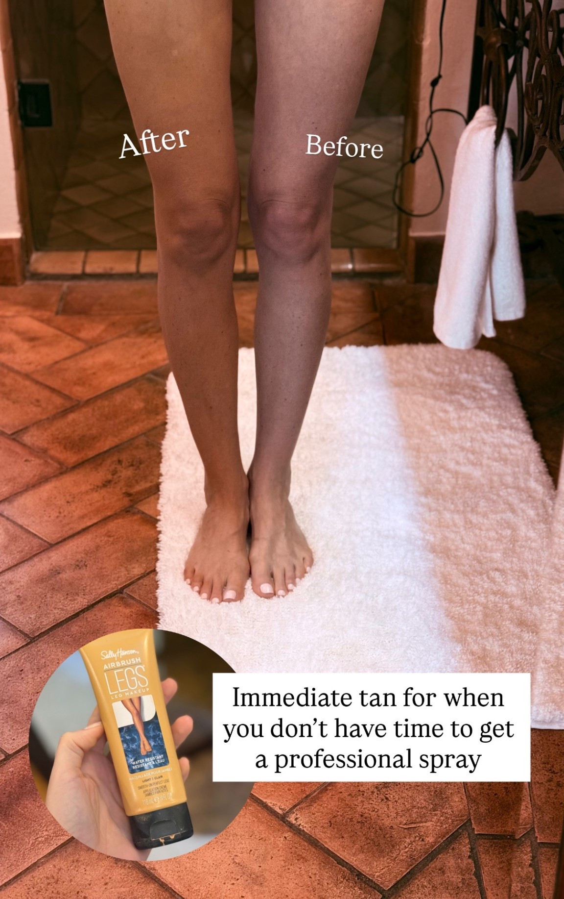 I didn’t have time for a professional spray before this wedding so I grabbed this over the counter leg makeup and went for it! 
It goes on and is immediately tan- no guessing. 
It comes off with soap and it can rub off on clothes - a little more than a professional spray- so I would shower and rub it off with soap before bed. 
This is a quick fix I use in a pinch! 

#LTKselfcare #LTKParties #LTKBeauty