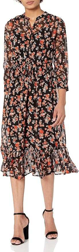 Lucky Brand Women's Long Sleeve V Neck Button Up Tie Waist Floral Georgia Midi Dress | Amazon (US)