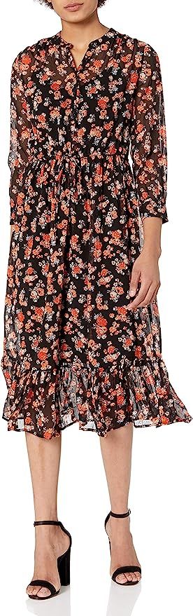 Lucky Brand Women's Long Sleeve V Neck Button Up Tie Waist Floral Georgia Midi Dress | Amazon (US)