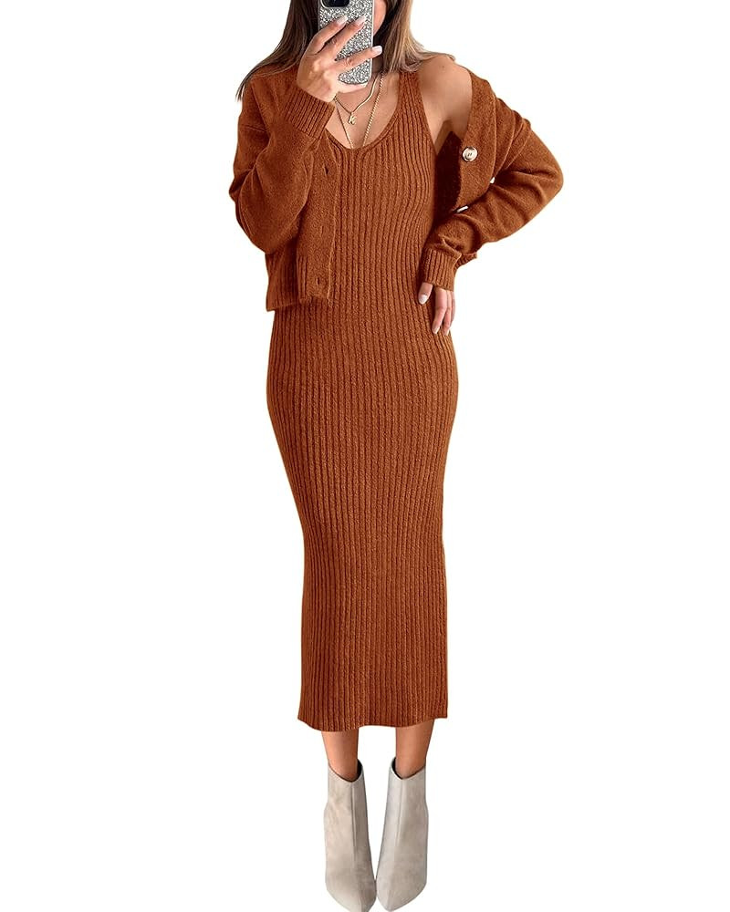 BTFBM Women Fall Knit Sweater Dress Set Bodycon Slit Midi Dresses Button Down Long Sleeve Cropped... | Amazon (US)