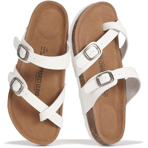 Project Cloud 100% Genuine Leather Womens Sandals -Lightweight Womens Slides Memory Foam Insole & Cork Footbed Sandals Women - Non-Slip Beach Essentials Summer Sandals for Women 2026 (LianW,WHIT,10) | Amazon (US)