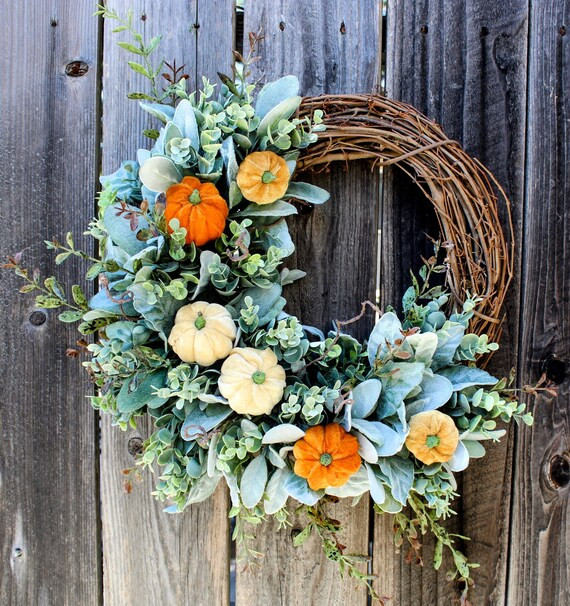 Fall Lambs ear wreath, Wreath for front door, eucalyptus wreath, pumpkin porch decor, farmhouse w... | Etsy (US)