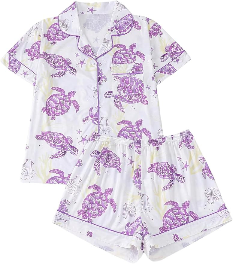 WDIRARA Women's 2 Piece Sea Turtle Graphic Pajama Set Button Down Short Sleeve Shorts Loungewear ... | Amazon (US)