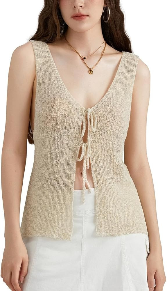 Sastianaen Women Y2k Crochet Knit Tank Top Tie Up Open Front Sweater Vest Vintage Knitted Sleevel... | Amazon (US)