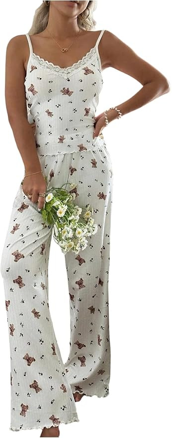 SOLY HUX Women's Lace Sleepwear 2 Piece Pajamas Cute Bow Print Cami Crop Top and Pants Lounge Set | Amazon (US)