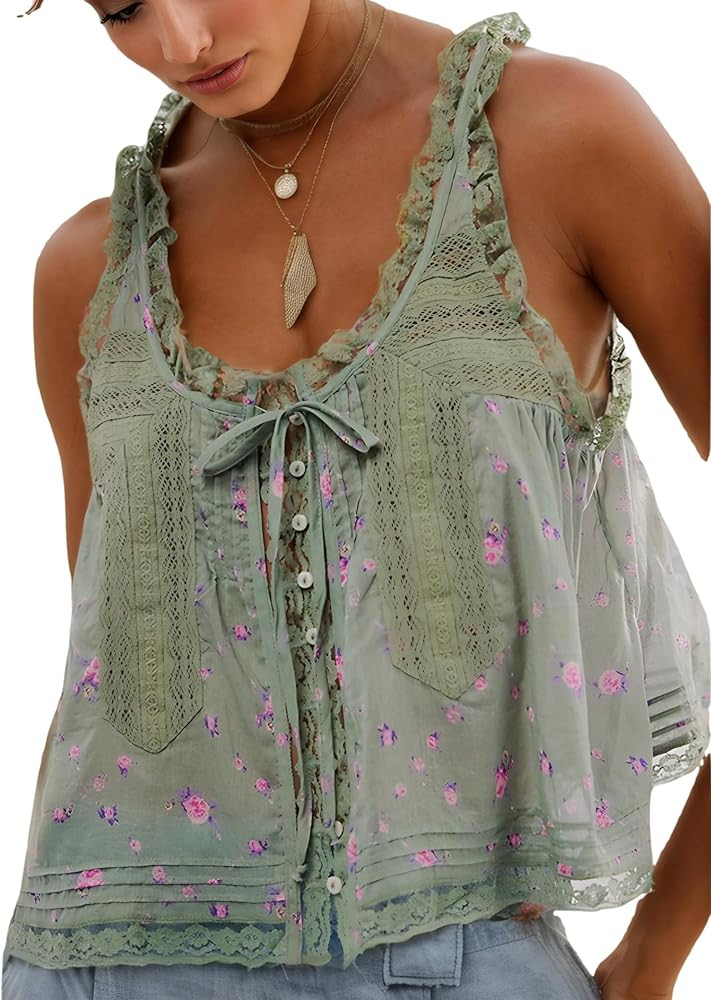 Women Summer Boho Tie Front Tank Top Lace Beach Vacation Y2k Button Down Cardigan Fashion Crop To... | Amazon (US)