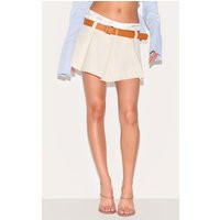 Cream Double Waistband Belted Tailored Mini Skirt | PrettyLittleThing US