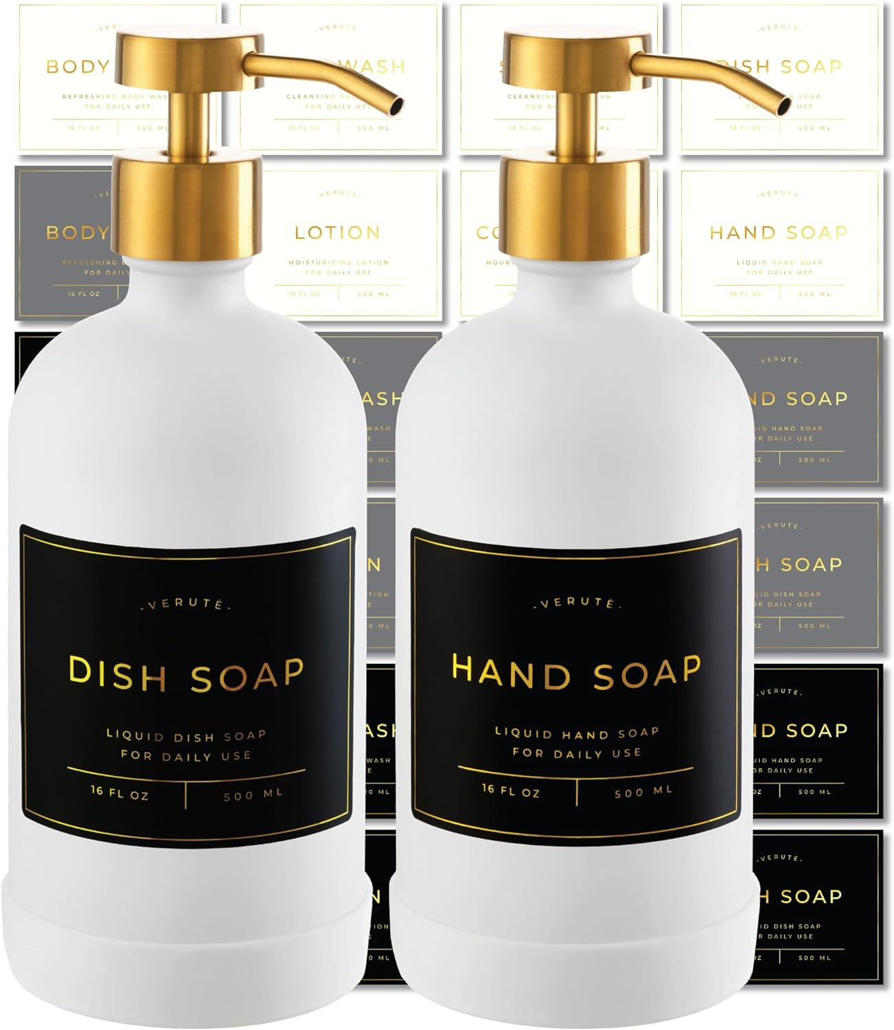 Hand and Dish Soap Dispenser for Kitchen and Bathroom, Set of 2 16 Oz Glass Bottles, Stainless Steel Pumps, Non-Slip Silicone Base, 27 Waterproof Labels (Matte White Bottle/Brushed Gold Pump) | Amazon (US)