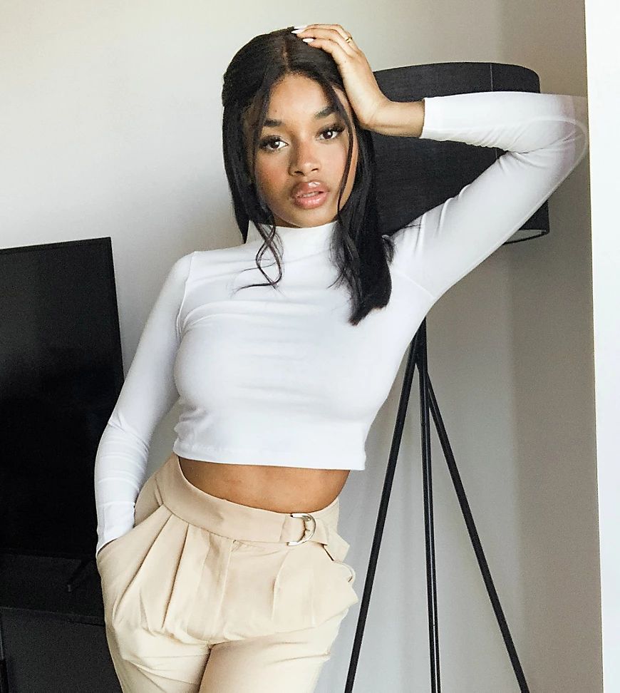 ASOS DESIGN Petite long sleeve turtle neck crop top in white | ASOS (Global)