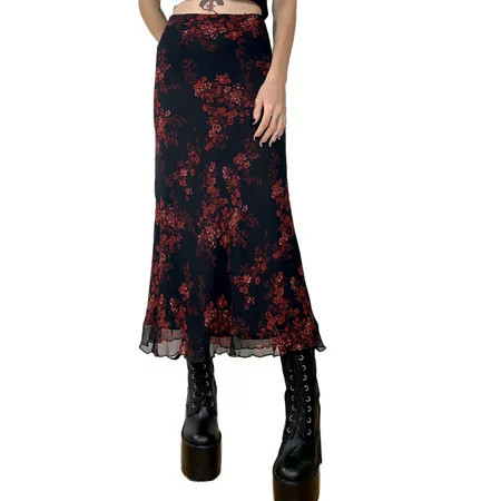 Women Vintage Fairy Grunge Midi Skirts 90s E-Girl Floral High Waist Long Skirt Streetwear A Line Skirt | Walmart (US)