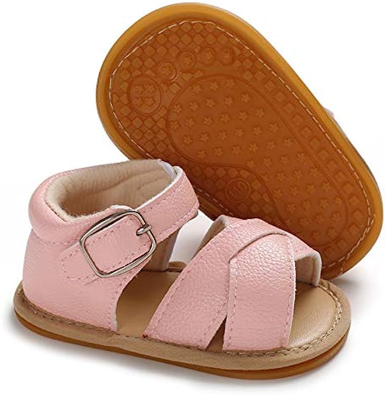 Baby Toddler Infant Girls PU Leather Soft Closed Toe Summer Sandals Flower Princess Flat Shoes | Amazon (US)