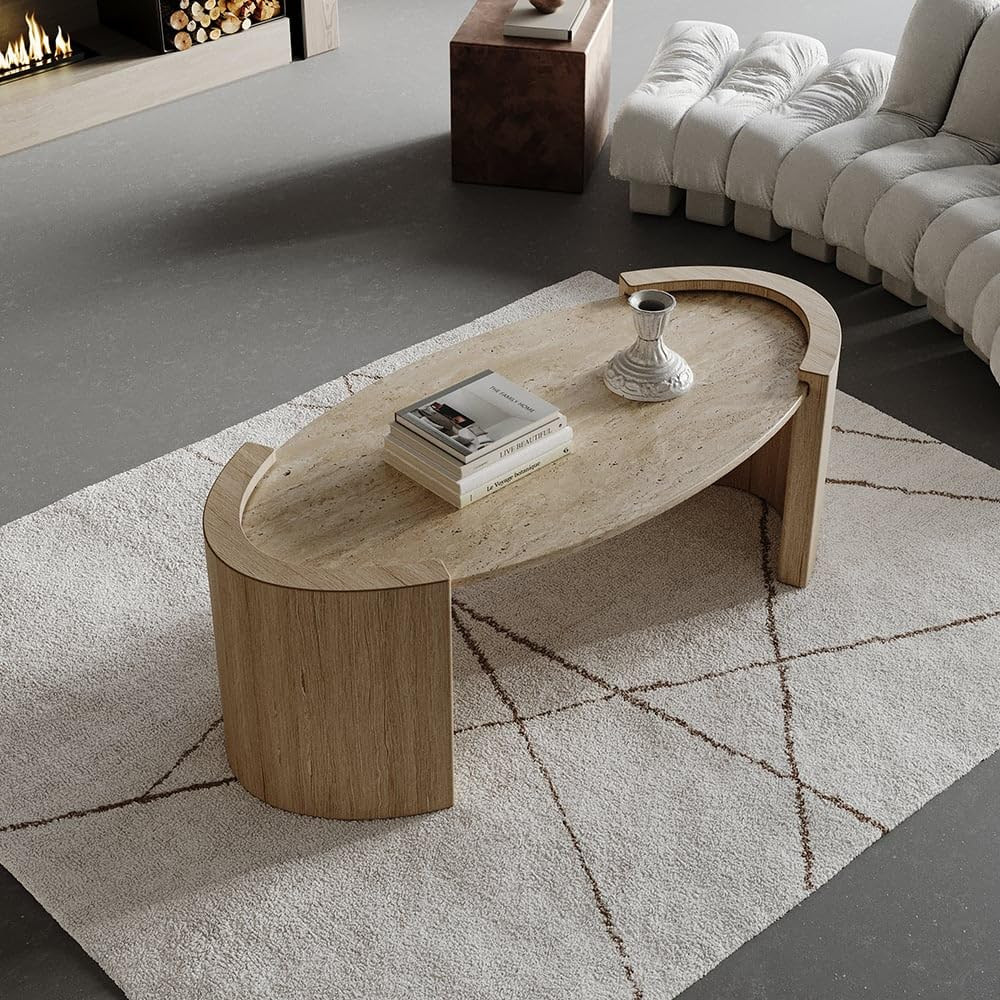 homary 43" Japandi Oval Travertine Stone Top Coffee Table – Double Pedestal Oval Coffee Table w... | Amazon (US)