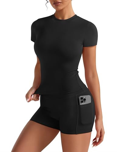 Amazon.com: Relety Womens Two Piece Workout Sets Short Sleeve T-Shirt High Waist Scrunch Butt Boo... | Amazon (US)