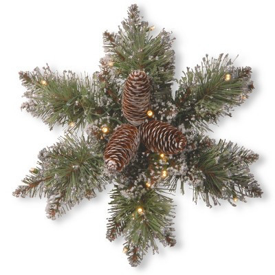 14" Prelit Flocked Glittery Bristle Pine Artificial Christmas Star Wreath with Pine Cones White Lights - National Tree Company | Target