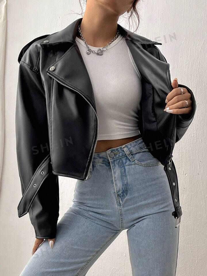 SHEIN Coolane Zip Up PU Leather Moto Jacket | SHEIN