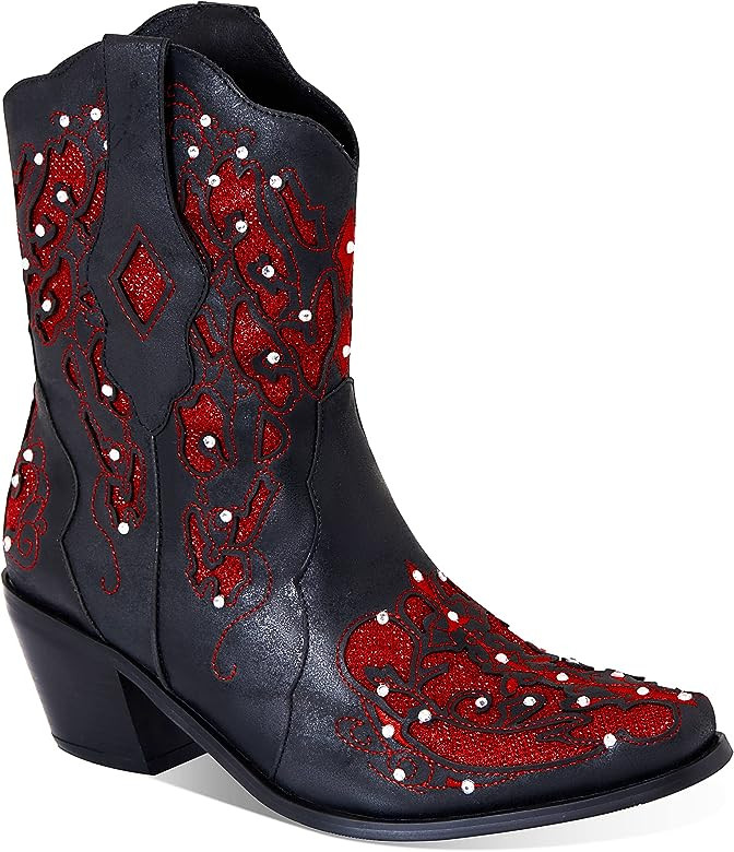 Yremael Women’s Black Cowboy Boots Rhinestone Boots Cowgirl Boots Mid Calf Boots Embroidered Ch... | Amazon (US)