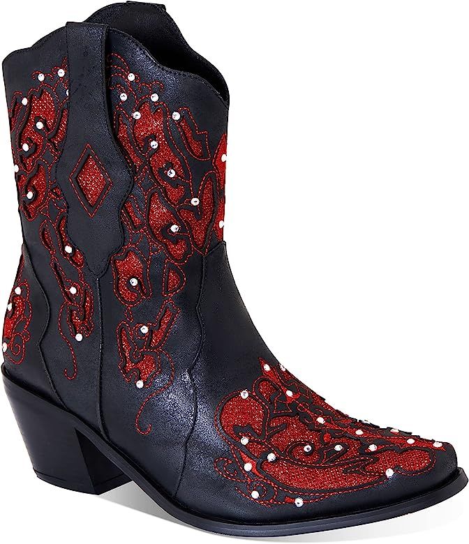Yremael Women’s Black Cowboy Boots Rhinestone Boots Cowgirl Boots Mid Calf Boots Embroidered Ch... | Amazon (US)