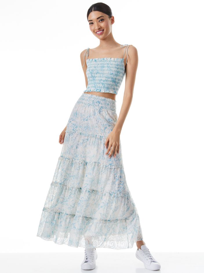 KATHLYN SMOCKED BODICE SPAGHETTI STRAP TOP + AISHA PANEL RUFFLED MAXI SKIRT | Alice + Olivia