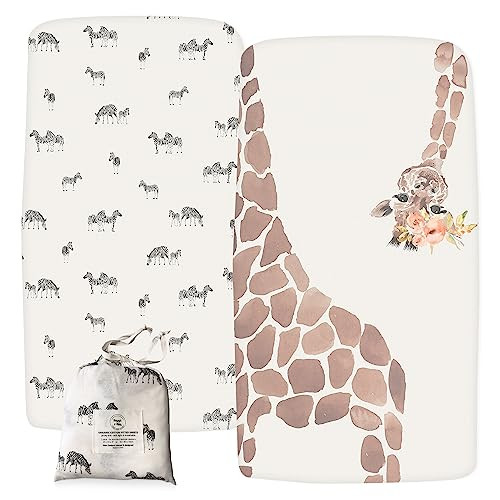 Bassinet Fitted Sheets 33 x 20” Compatible with Mika Micky, Maxi COSI, Ronbei, Amke, Baby Joy, Cloud Baby, Koola Baby Bedside Sleeper – 100% Organic Jersey Cotton – Safari Giraffe – 2 Pack | Amazon (US)
