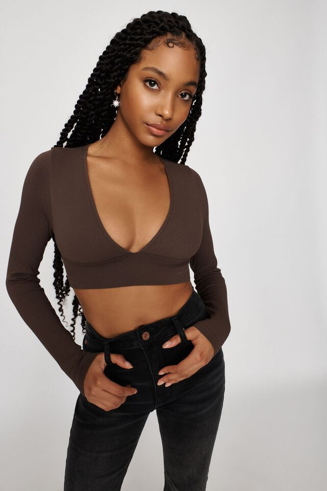 Scarlett Seamless Deep Plunge Long Sleeve Tee | Garage Clothing