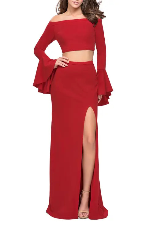 La Femme Off the Shoulder Two Piece Dress with Flared Sleeves at Nordstrom, Size 2 | Nordstrom
