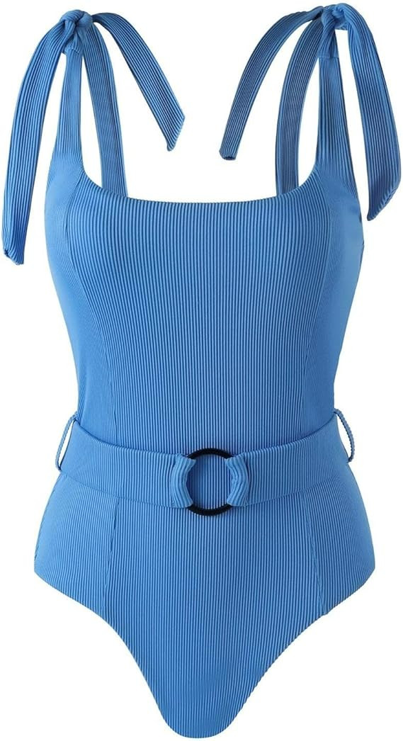 TSMEZA Women's One Piece Swimsuits Belt Tummy Control Bathing Suits Tie Shoulder Swimwear | Amazon (US)