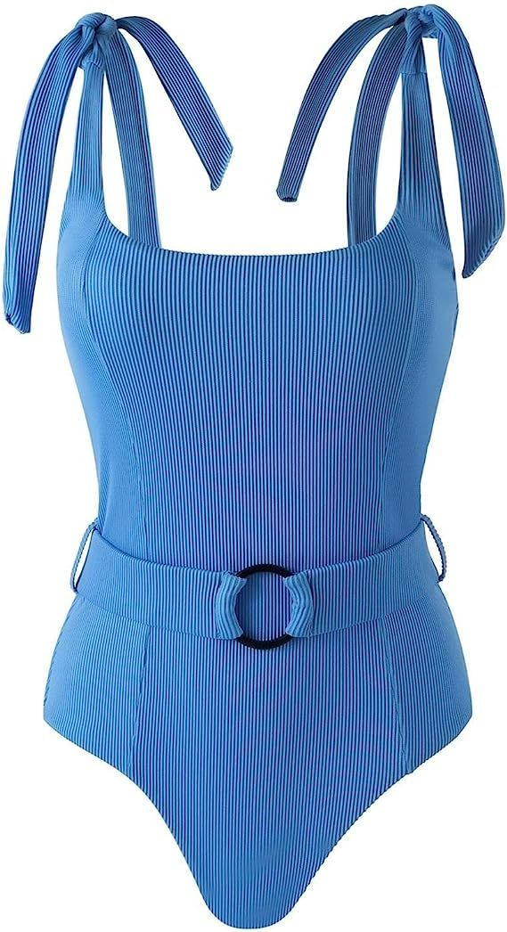 TSMEZA Women's One Piece Swimsuits Belt Tummy Control Bathing Suits Tie Shoulder Swimwear | Amazon (US)