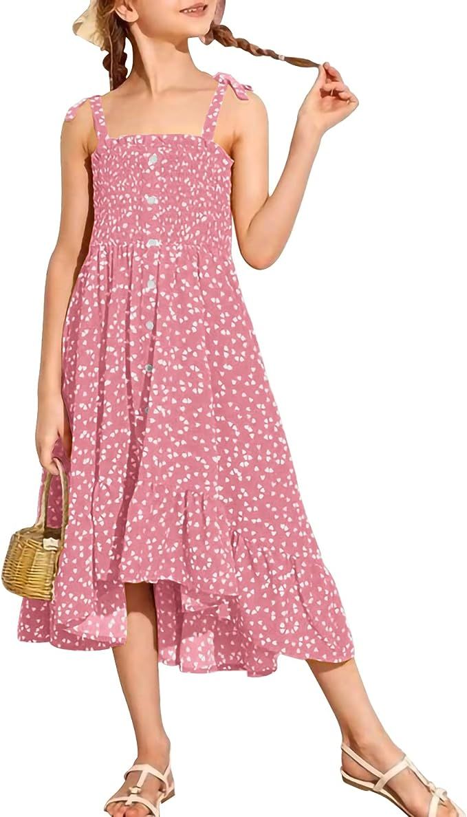Rolmama Girls Summer Dresses Kids 2023 Sleeveless Tie Strap Boho Beach Midi Dress Smocked Ruffle ... | Amazon (US)
