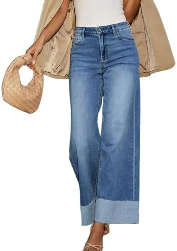Women's High Waisted Wide Leg Jeans Stretch Frayed Raw Hem Straight Leg Boyfriend Cuffed Jeans Tr... | Amazon (US)