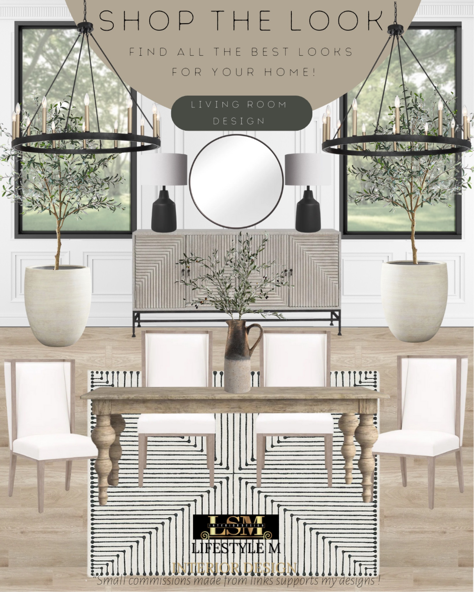 Modern farmhouse dining room idea. Recreate the look with these home furniture and decor finds! Wood dining table, wood upholstered dining chai, stripped rug, table jar vase, realistic fake plant, ceramic tree planter pot, realistic fake tree, wood console table credenza, black table lamp, round mirror, wheel chandelier. 

#LTKstyletip #LTKhome #LTKFind