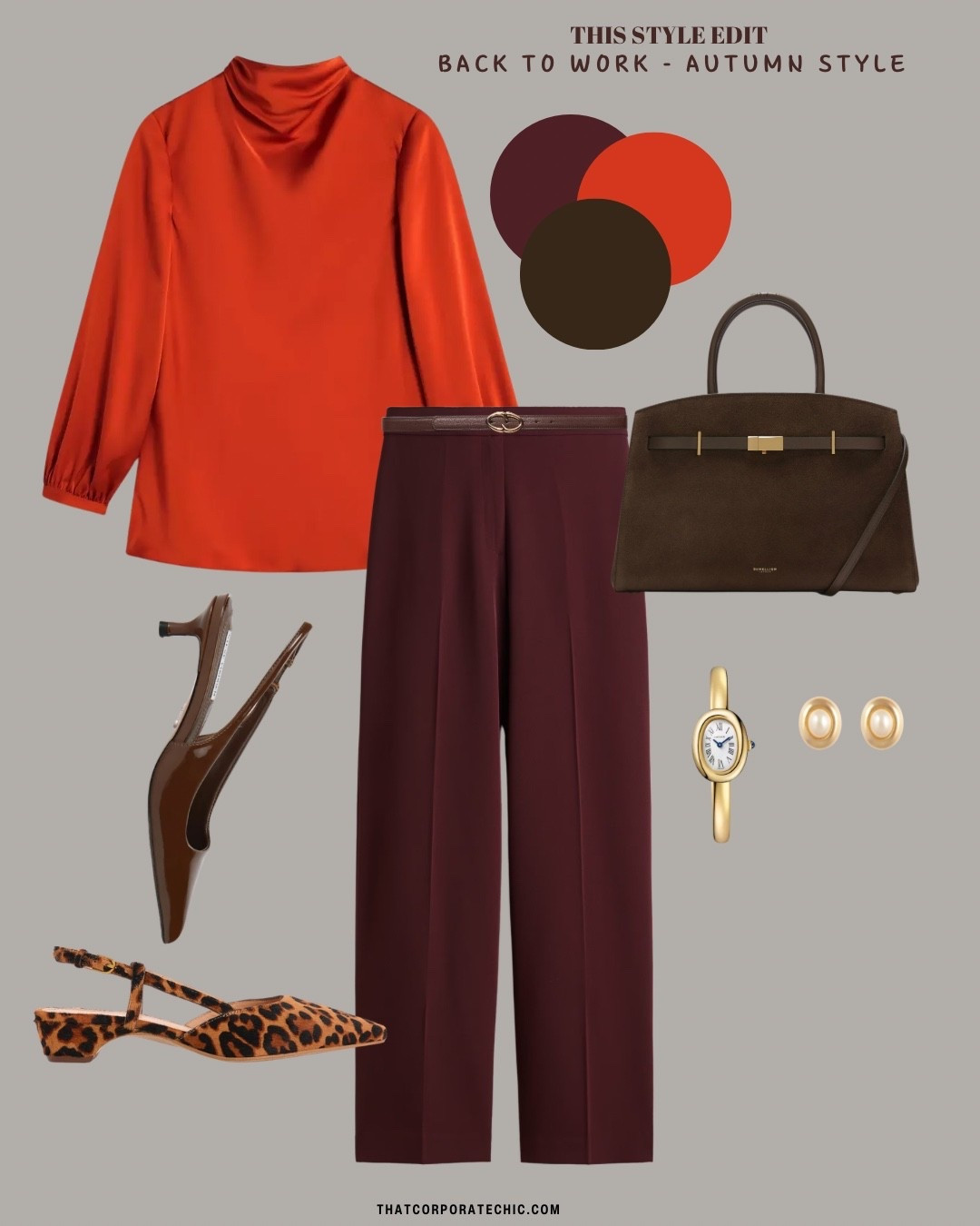 Wear this next for Autumn workwear and try this colour combo: Burnt orange x Burgundy.
The brown slingback is sold out, I have linked similar pairs with burgundy shoes below.

Work trousers, work blouse, work shoes, work bag, pre-autumn styling, business casual workwear style, corporate style #corporatestyle #thatcorporatechic #officestyle #autumnworkwear

#LTKautumn #LTKworkwear #LTKstyletip