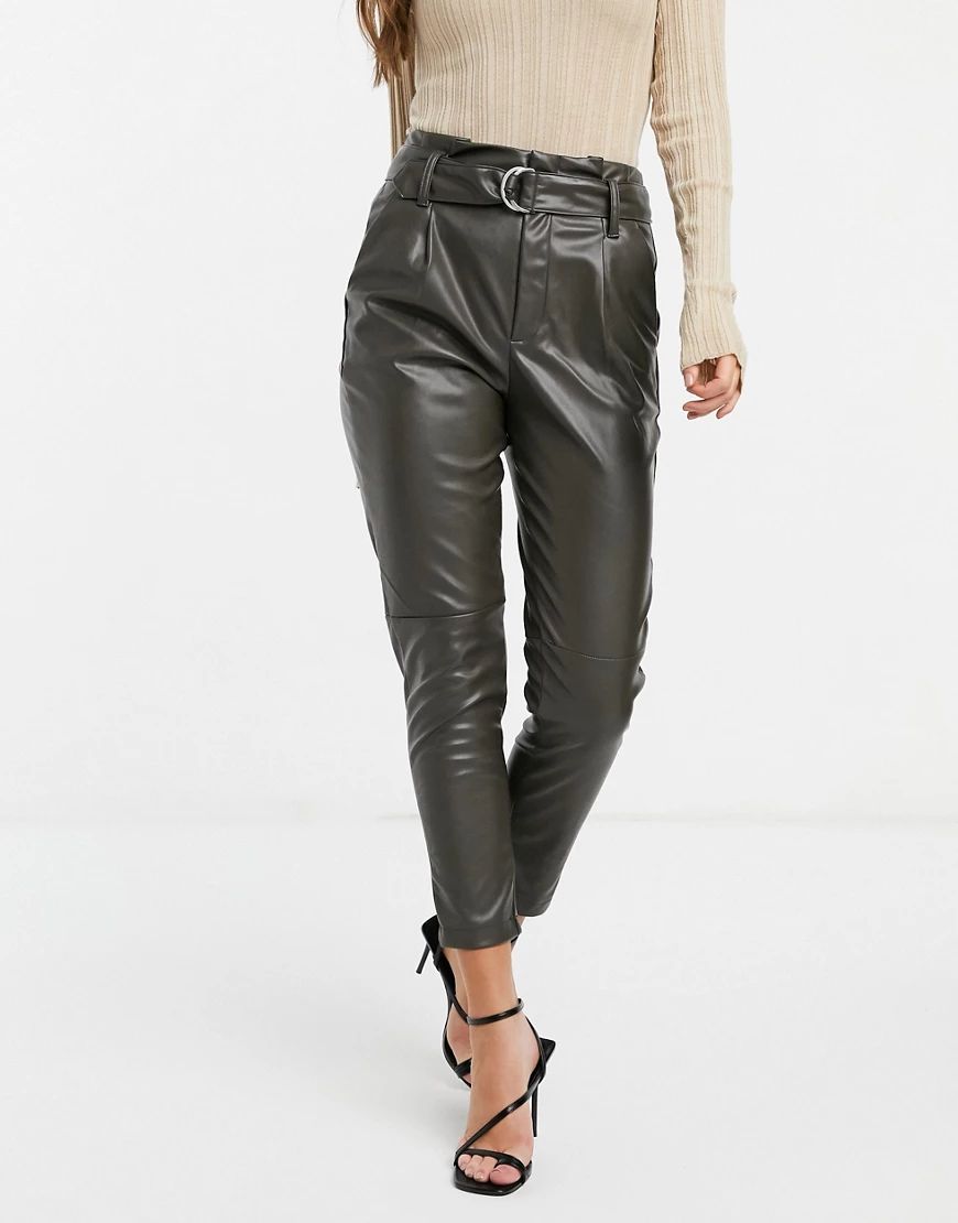 JDY leather look tapered pants with belt in green | ASOS (Global)
