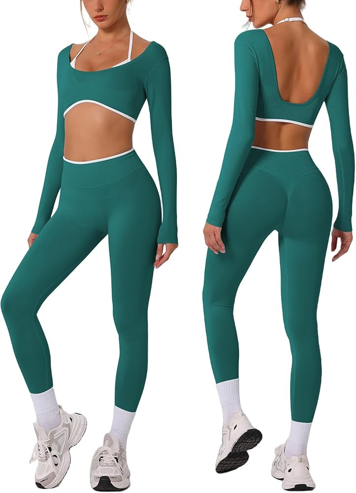 Workout sets for women Long Sleeve Adjustable halter strap Crop Top and Anti-squat Pants for gym,... | Amazon (US)