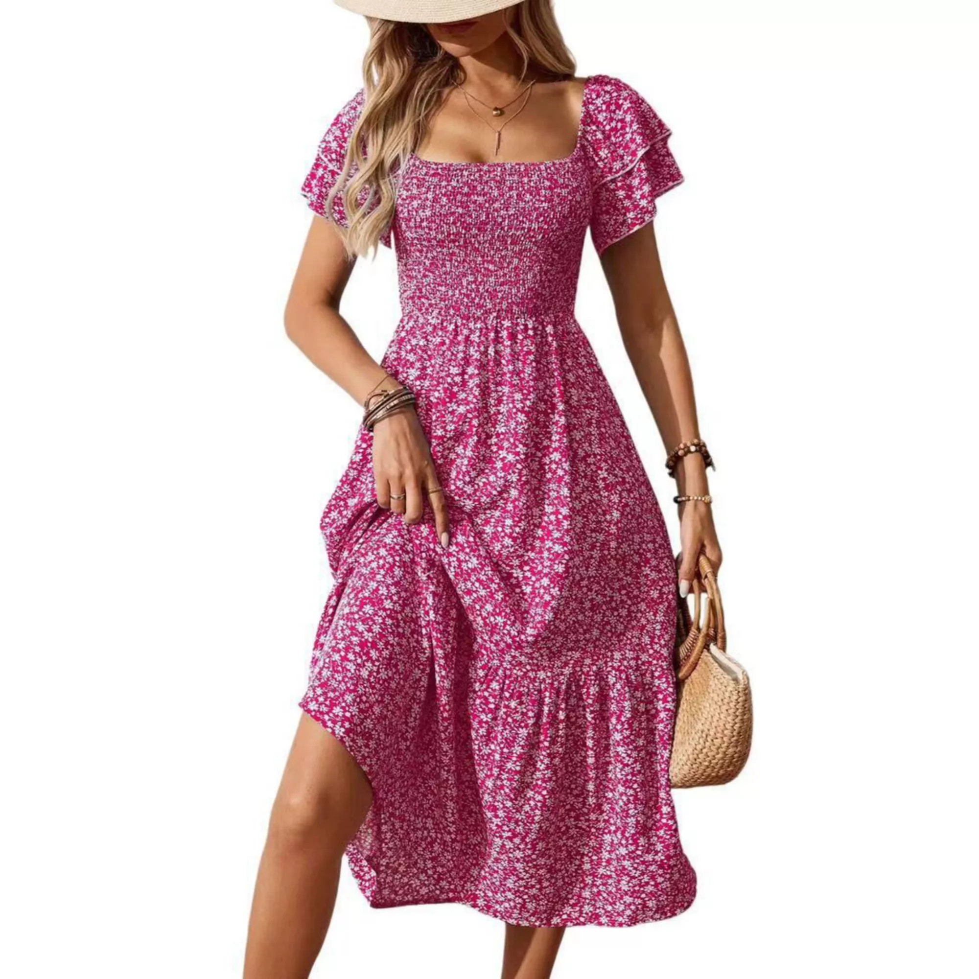 Women's Casual Summer Midi Dress Ruffle Short Sleeve Square Neck Smocked Tiered Ruffle Dresses | Kohl's