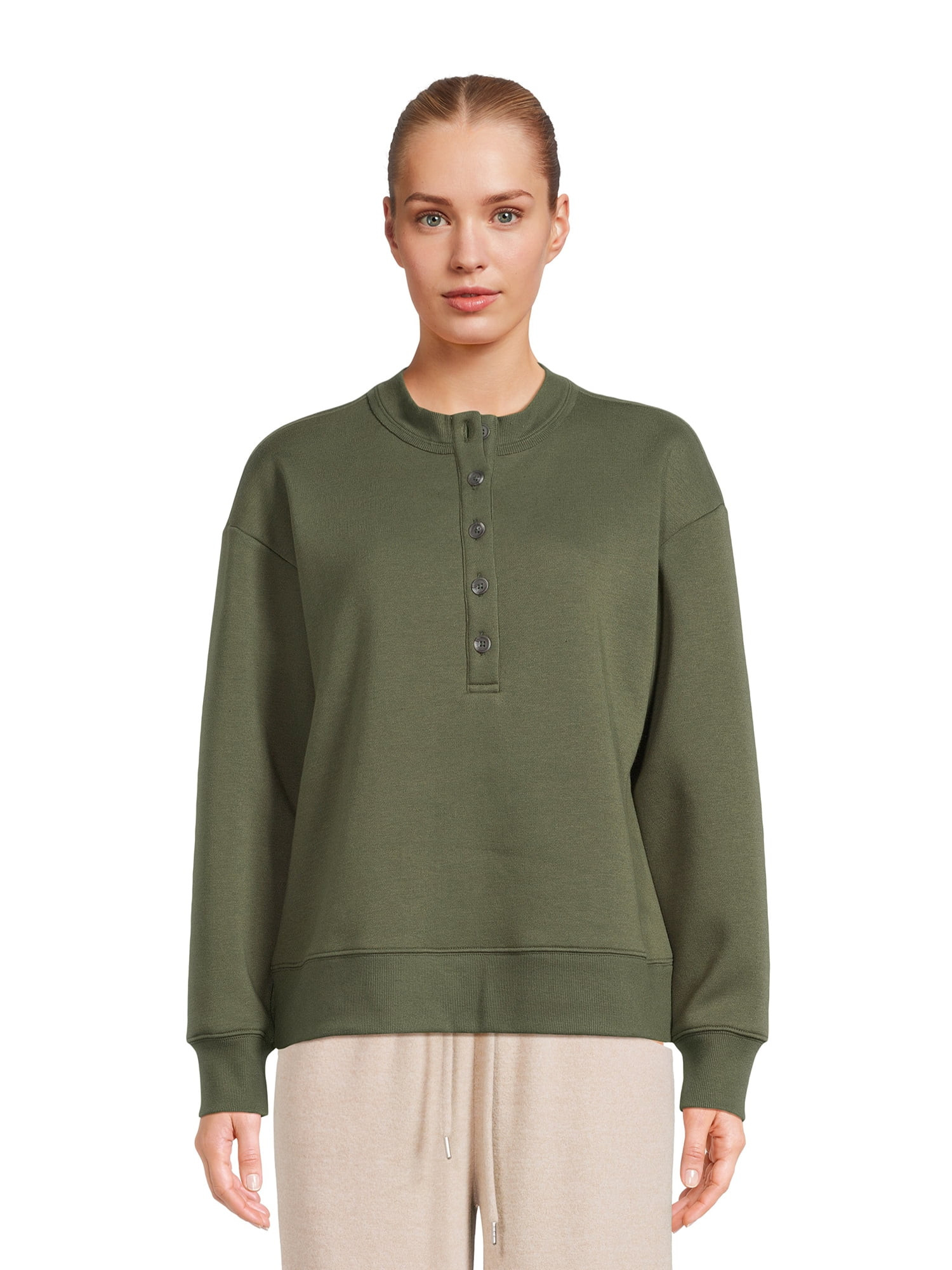 Time and Tru Women's Fleece Henley Pullover Sweatshirt with Long Sleeves, Sizes XS-XXXL | Walmart (US)