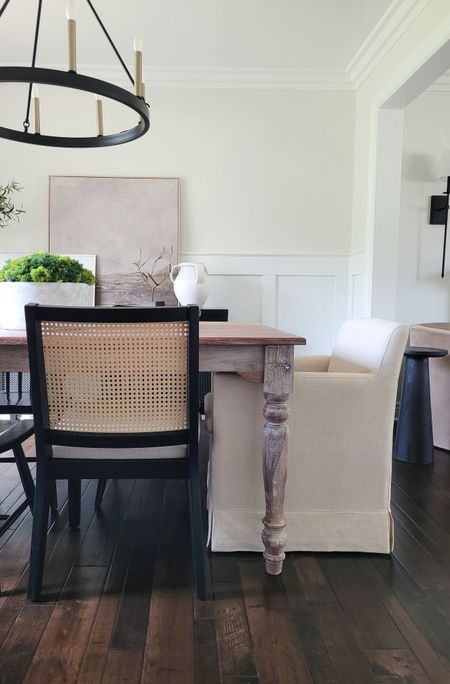 Swapping dining chairs for this black cane back style and upholstered end chairs! Dining room inspo, dining chair end chair,  sideboard, Buffet,  Amazon home,  Amazon finds, upholstered chair, chandelier,  home decor

#LTKhome