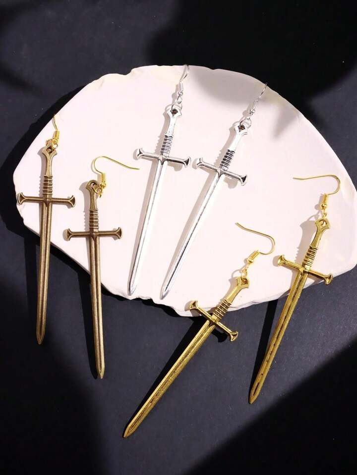 A Pair Of Metal Retro Punk Personality Silver Sword Earrings Men's Gift Party Fashion Knife Creat... | SHEIN