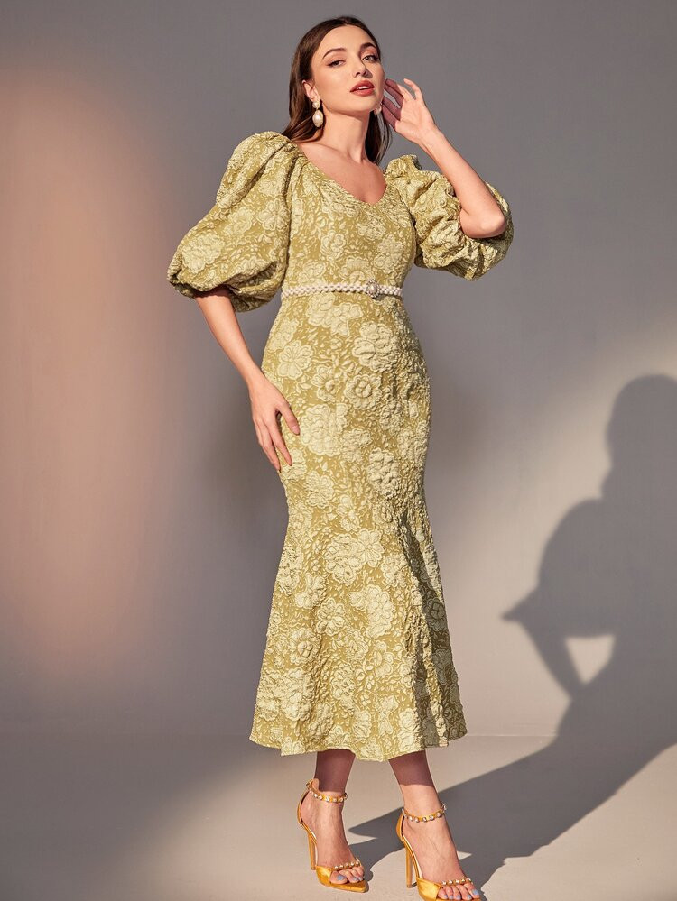 SHEIN Modely Floral Print Puff Sleeve V Neck Mermaid Hem Dress | SHEIN