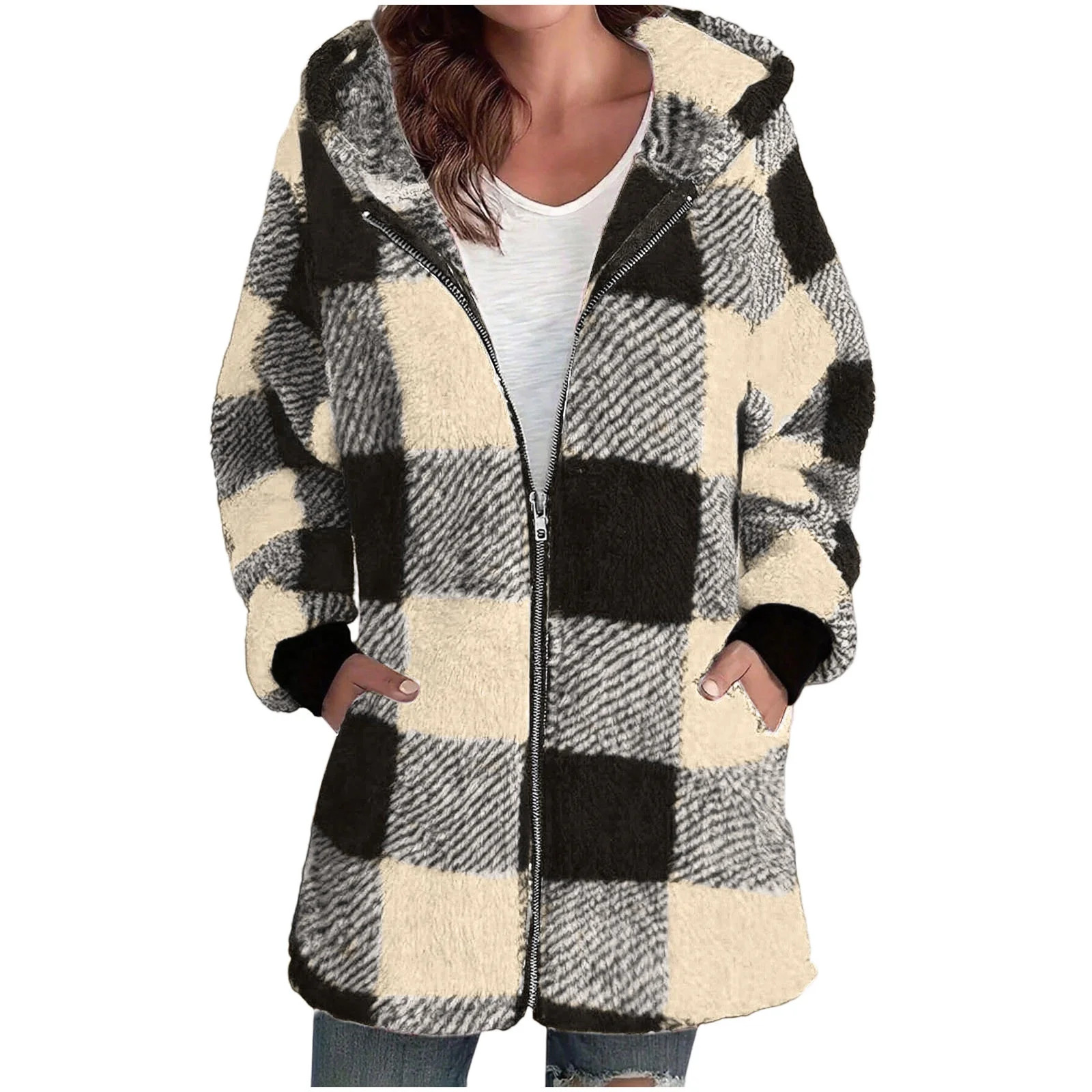 Yangnuo Womens Trendy Casual Plaid Warm Loose Hooded Jackets Fashion Womens Warm Faux Coat Jacket... | Walmart (US)