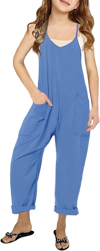Cnkwei Girls' Casual Sleeveless Jumpsuits Spaghetti Strap Loose Romper Long Pants with Pockets | Amazon (US)