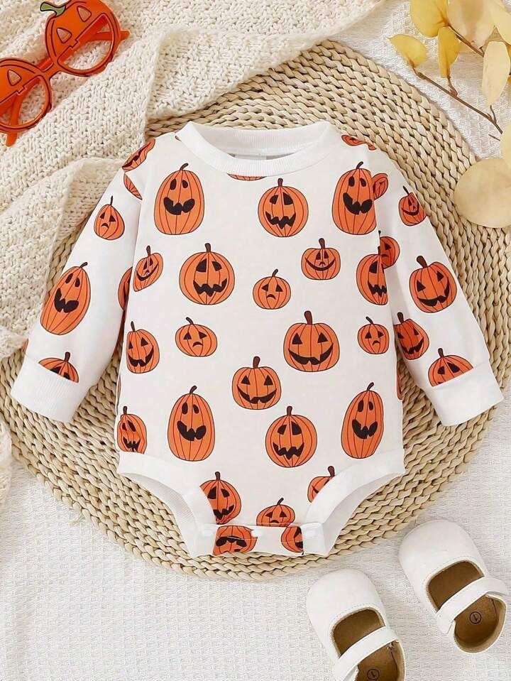 Halloween Autumn Winter Cute Party Costume Pumpkin Head Full Print Round Neck Long Sleeve Triangl... | SHEIN