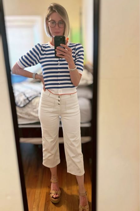 Workwear for women under $50. Business casual work attire for women over 40. Casual Friday style. How to wear cropped white denim. Summer white denim outfit. 

Entire ensemble from Walmart! All under $50. Items fit TTS. I am 6 ft. tall and weigh about 145lbs with 36A cup. Wearing a small sweater and 6 in pants. Pants have a slight stretch but not much. Size up if between sizes. 

The white is not see through but they are NOT lined. Light weight denim blend  

#LTKFindsUnder50 #LTKOver40 #LTKWorkwear